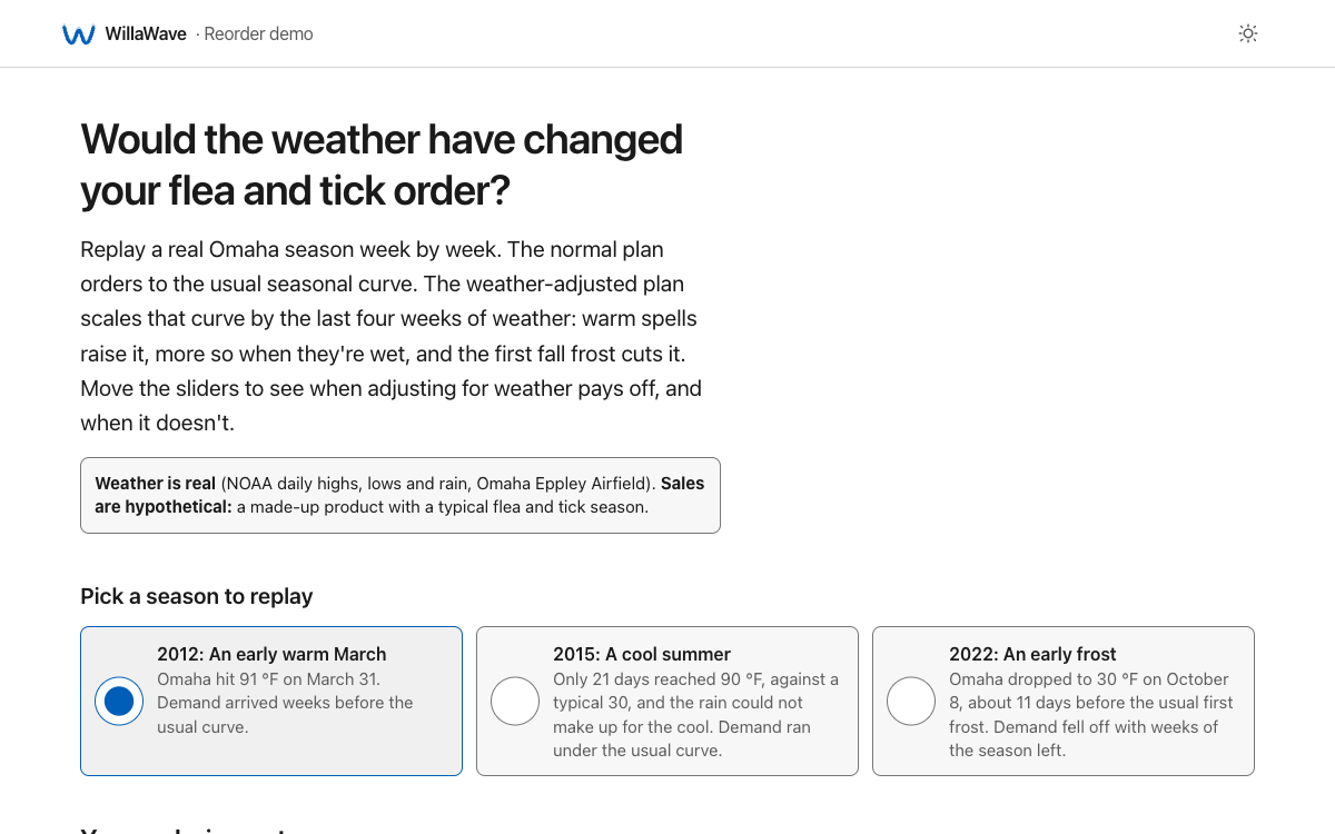 Screenshot of the Weather-adjusted reorder demo home page